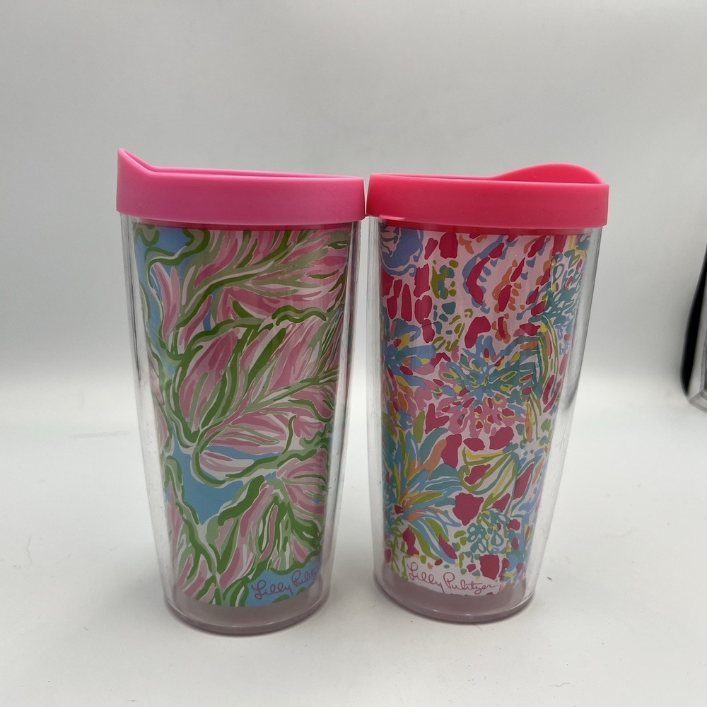 Lilly‎ Pulitzer Lot of 2 Tumblers Lids Insulated 16 0z Plastic Pink Blue Green